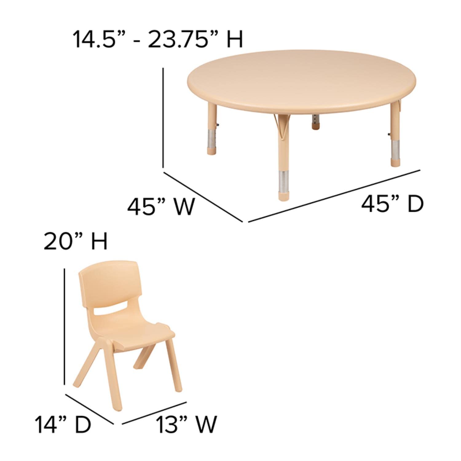 Flash Furniture Emmy 45" Round Natural Plastic Height Adjustable Activity Table Set With 4 Chairs